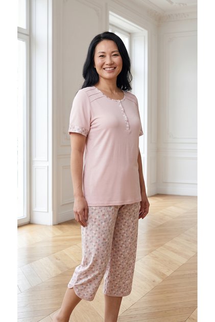 26487 Women's 100% Cotton Pajamas Set Capri Set Floral Pattern Large Size Comfortable Mom Pajamas Summer Short Sleeve