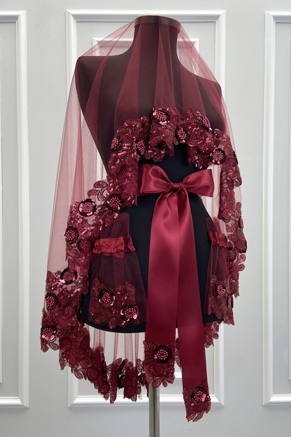 Burgundy Bridal Veil Set, Embellished with Sparkling Sequins and Crystal Glass Beads, Henna Night Veil 6 Pieces