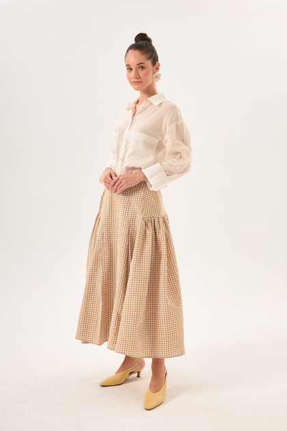Camel Gingham Patterned High Waist Maxi Skirt with Multiple Pleats Detail