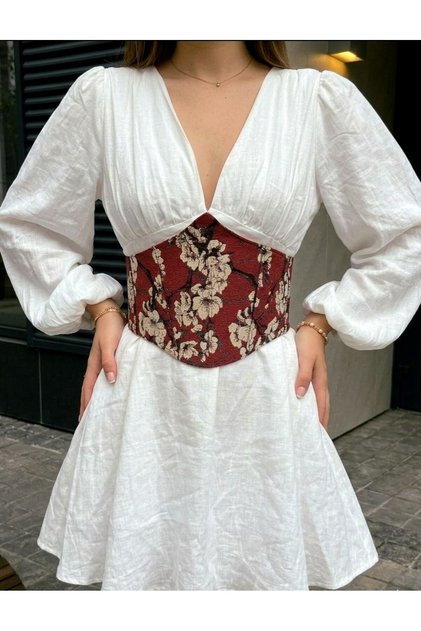 Vintage Goblen Korse Kemeri - Çiçekli Kadın Büstiyer - Elbise Üstü Dekoratif Korse