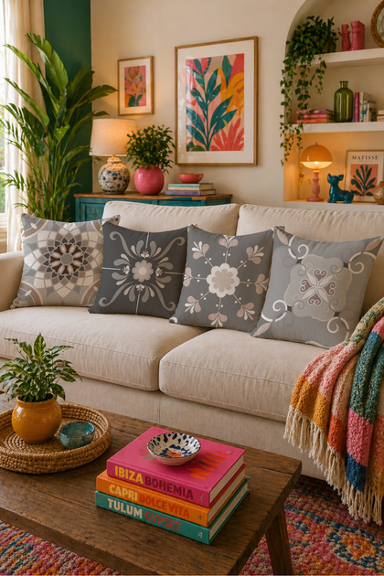 Gray Classic Patterned Double-Sided Printed 4-Piece Throw Pillow Cover Set