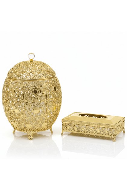Elegant Acrylic Dustbin with Gold Metal Base and Coordinated Tissue Box Set – Luxury Home Accessory – 36 × 21 cm & 26 × 13 cm