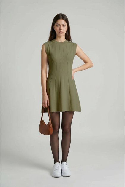 Khaki Standard Fit Regular Cut Sleeveless Crew Neck Women's Knitwear Dress