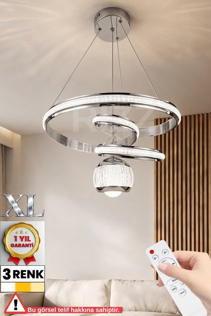İthal Kasa XL 3 Renk Kumandalı Led Avize Gezegen Toplu Krom Kasa Büyük Ledli Salon & Oturma odası Avizesi