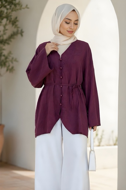 Plum Self-Patterned Rope-Tied Shirt