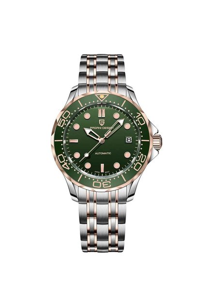 Ανδρικό Αυτόματο Ρολόι PD-1667 Πράσινο, 42mm, Miyota 8215, Κρύσταλλο Ζαφείρι, Ανοξείδωτο Ατσάλι Ασημί & Ροζ Χρυσό, Καταδυτικό
