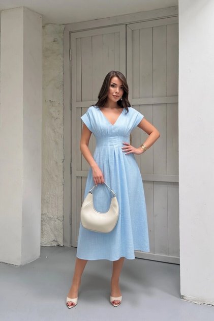 Women's Blue V-Neck Waist-Slit Slim-Fit Lined Midi Length Summer Dress