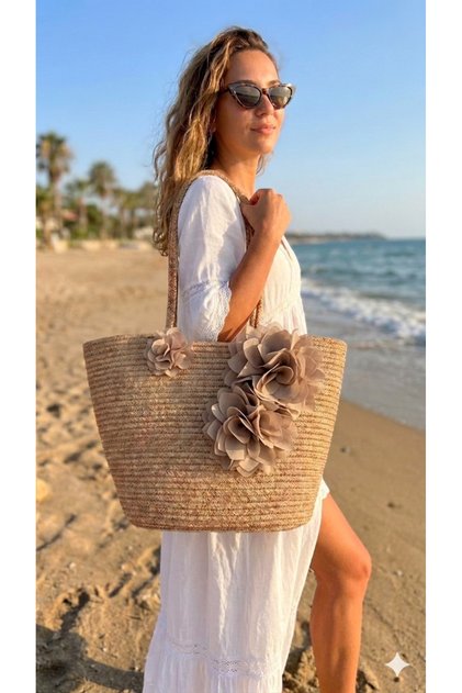 Bi̇anca |   Floral Detailed Straw Beach Bag Large Size Bohemian Summer Bag