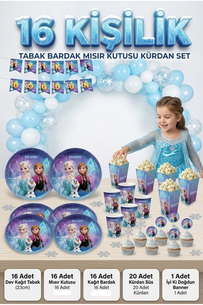 16 Kişilik Frozen Karlar Ülkesi Temalı Full Parti Seti - Elsa ve Anna Doğum Günü Hazırlık Paketi - Tabak Bardak Mısır Kutusu Kürdan Banner Süs Seti (65 Parça)