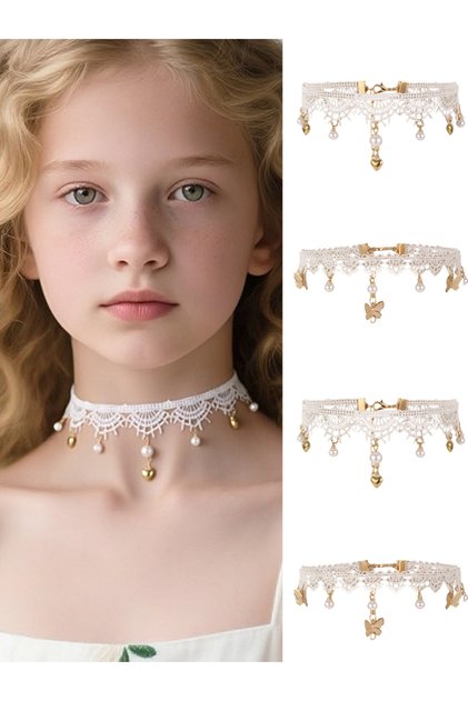 Girls White Lace Choker Necklace with Charms