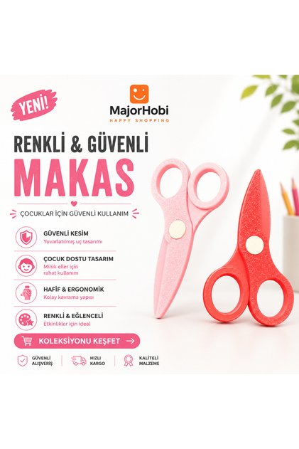 Çocuk Kağıt Makası 2’li Set – Güvenli Uçlu Renkli Makas - Kırmızı & Pembe