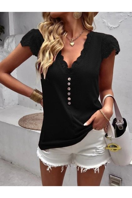 Women's Short Sleeve V-Neck Lace Front Buttoned Viscose Blouse