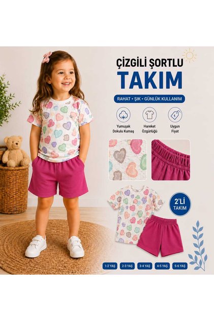 Girl's Heart Patterned Shorts Set Summer 2-Piece Set Pink Shorts Pink Shorts