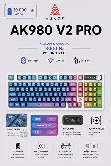 Ajazz Ak980V2 Pro 8000 Hz Kablosuz Mekanik Oyun Klavyesi-TFT