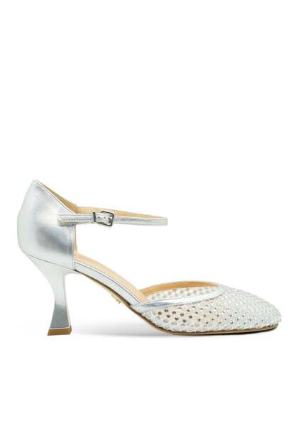 Mesh Detailed Stoned Heeled Shoes Z644 Silver Leather + Mesh