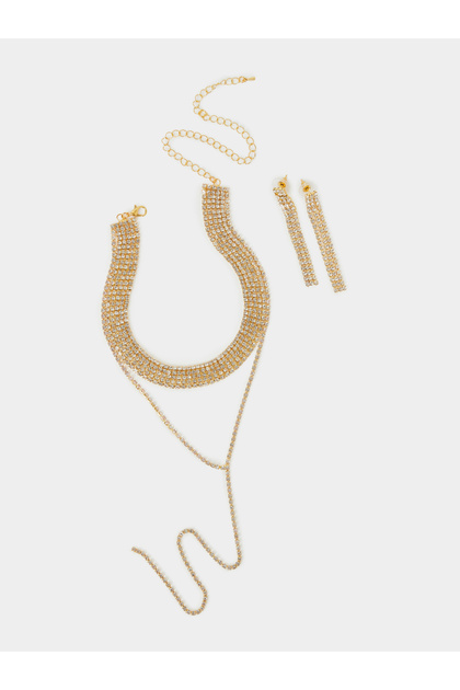 Gold-Tone Embellished Layered Necklace and Earring Set