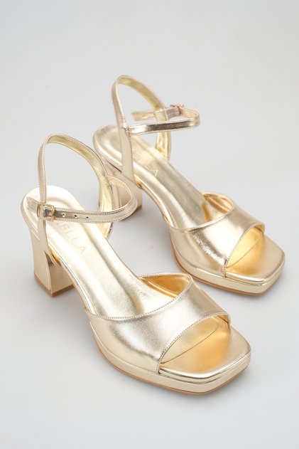 Sandale de damă cu platformă aurie și toc gros - Pantofi eleganți de seară și de nuntă cu cataramă la gleznă