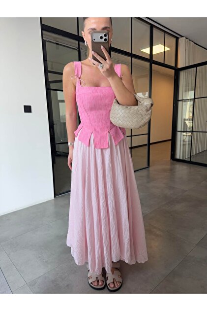 Asymmetric Cut Inside-Lined Maxi Skirt Pink