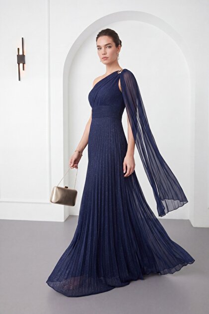 Lafaba Women's Navy Blue One-Shoulder Long Sequined Engagement Evening Dress-  Trendyol