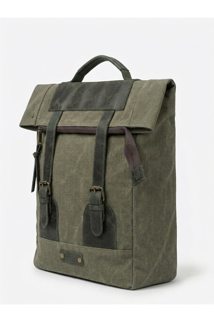 Canvas Unisex Backpack with Leather Detail Laptop Compatible Vintage Dark Khaki 30X44X12 cm