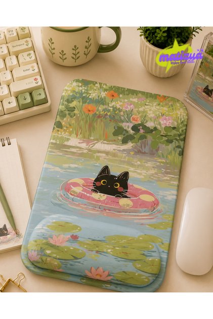 Simitli Siyah Kedi Desenli Kare Bilek Destekli Mousepad 18x23 cm Aesthetic Kawaii Tasarım