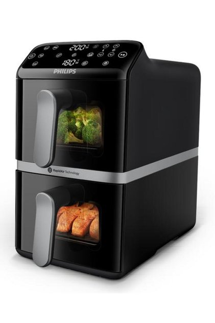 Friteuza cu aer cald Philips Stacked Dual Basket AirFryer Seria 4000 NA461/00, 2 cosuri (total 10l), 2750W, 40~200°C, Fereastra de gatit, 6 programe, 13 functii, Smart Copy, Shake, RapidAir, Neagra