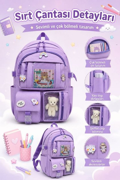 Korean Model 3-Piece Primary School Bag Set, Backpack + Lunch Box + Pen Holder