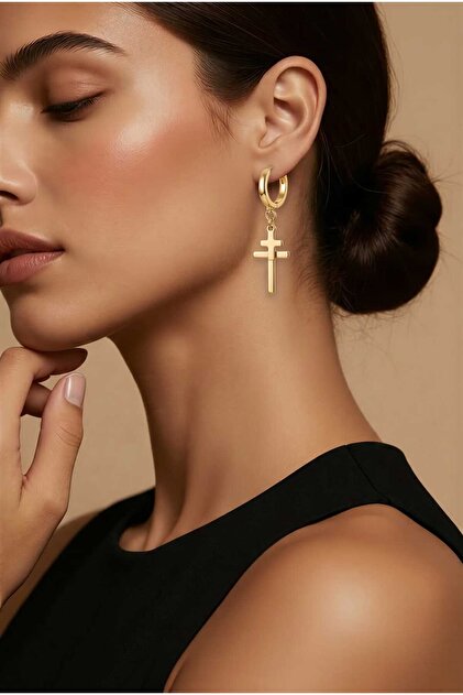NN FORY CROSS EARRINGS, 3 CM LENGTH, 14 k gold plated stainless