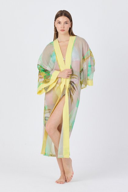 * Kadın Şifon Desenli Kimono Pareo Sarı Yeşil Plaj Kaftanı