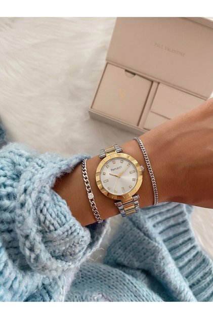 Roman Numeral Bezel White Dial Double Color Metal Band Women Wristwatch