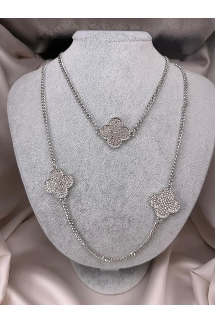 Zircon Stone Clover Motif Long Necklace Silver Color Stylish Women's Accessory