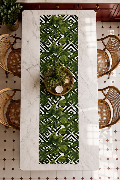Leaf Patterned Duck Fabric Runner – Bohemian Tropical Tablecloth Runner | Living Room Kitchen Balcony Decoration