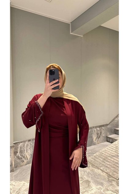 Premium Dubai Kumaşı El İşlemesi Boncuklu İkili Abaya Elbise Takımı