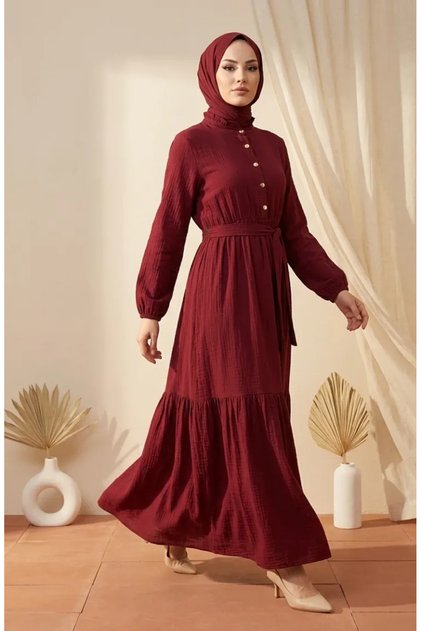 Hakim Collar Half Button Belted Dress 0302-08 Claret Red