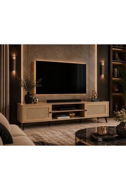 Modern Luxury Design Tv Stand with Stylish Rattan Doors Spacious Storage & Practical Shelves for Organizing Devices & Accessories Ideal for Living Room and Adds a Touch of Sophistication to the Decor