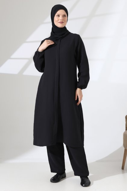 Women's Muslin Zippered Hijab Double Set Cotton Hajj and Umrah Outfit Black (Vsn)