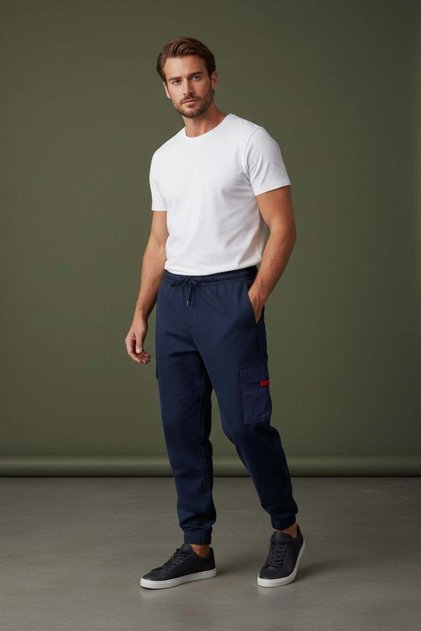 Men's American Pique Fabric Elastic Waistband Light Navy Blue Red Sweatpants - 3005