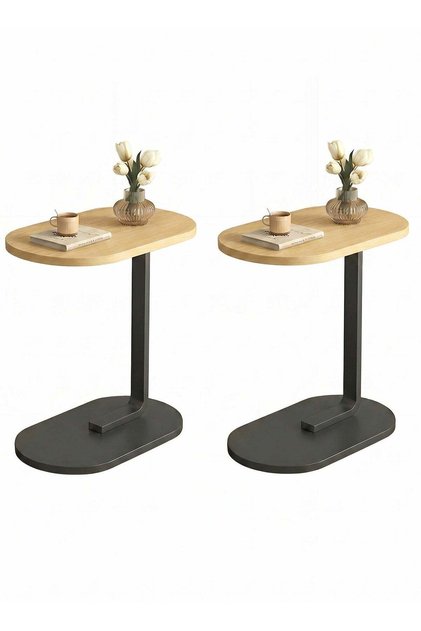 2-Pcs C-Shaped Side Table Elegant Design with Metal Frame, 60x28x39cm - Beige Color With Black Frame