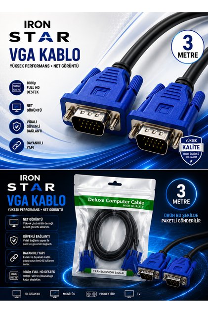 VGA KABLO 3 METRE / VGA Monitör Kablosu / VGA Erkek Erkek Kablo / 15 Pin VGA Kablo / Bilgisayar Monitör VGA Kablosu / VGA Görüntü Aktarma Kablosu / Projeksiyon VGA Kablosu