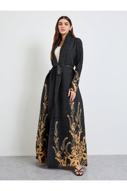 Printed Textured Pleated Open Front Abaya