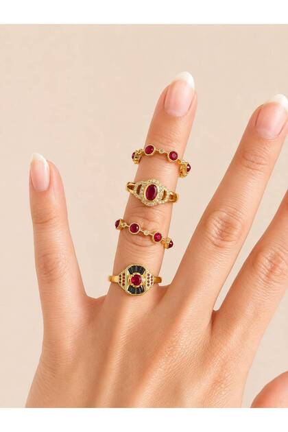 Pinterest Model Bordo Taşlı Gold Yüzük Seti- ayarlanabilir