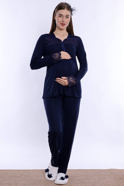 Adjustable Waist Elastic Cotton Maternity Pajama Set Effortt - Navy Blue