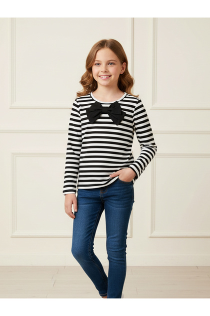 Girl's Striped Bow Detail Long Sleeve T-shirt