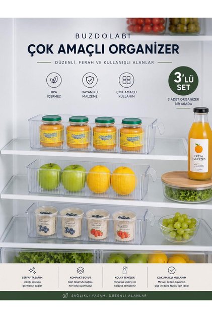 3 Adet Kapaksız Mini Buzdolabı Organizeri ve Saklama Kabı NO:1 1250ML