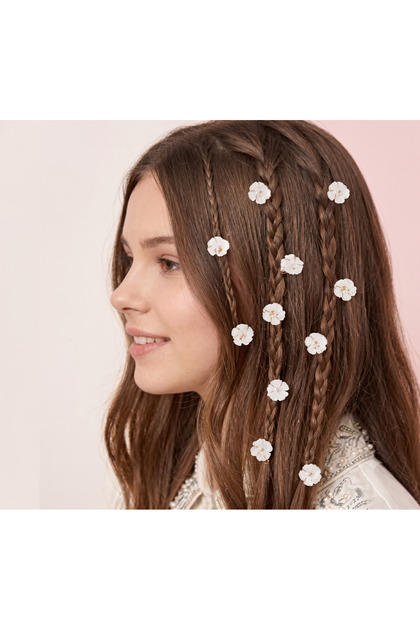 White Gold Detailed Lotus Flower Model 10-Piece Girls' Hair Earrings