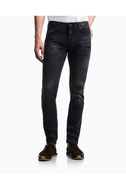 Erkek Dar Kesim Düz Paça Eskitme Desenli Denim Gri Jeans