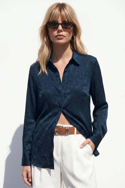 Sateen Hidden Placket Shirt - Navy Blue- Trendyol