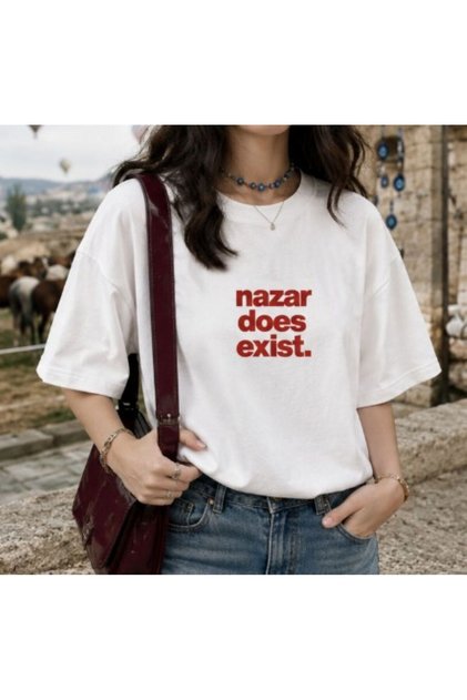 Nazar Does Exist Printed Crew Neck Cotton White Women'S/Men's Unisex Oversize Tshirt