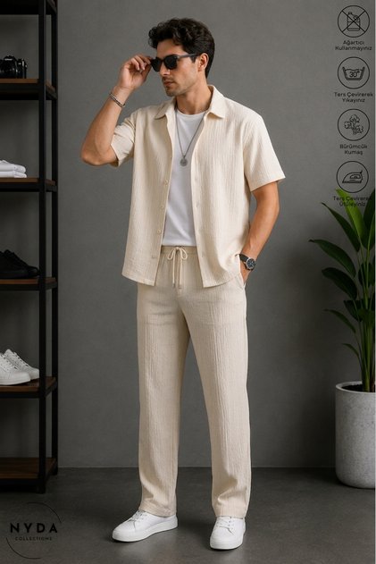 Men's Wrinkled Fabric Summer Buttoned Short-Sleeved Shirt and Lace-Up Double-Pocket Trouser Set