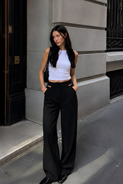Women's Black Wide Leg High Waist Palazzo Trousers with Side Window Detail